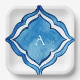 Plato De Papel Monograma de Baldosa Azul Cobalto Mediterráneo