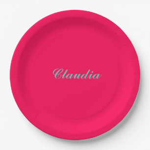 Plato De Papel Monograma de bloque de color en rosa fucsia calien