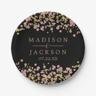 Plato De Papel Monograma de Boda Confetti Sparkle Shine Rosa Oro