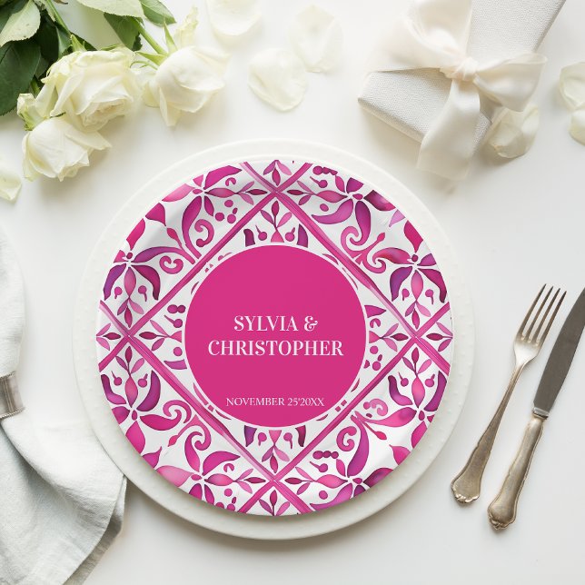 Plato De Papel Monograma de boda de talavera española rosa impres (Pink Spanish talavera Vintage Mexican Hacienda wedding monogram printed Paper Plates table decor)