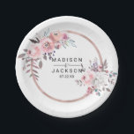 Plato De Papel Monograma de Boda floral con marco de oro para Rub<br><div class="desc">Placas de papel de Boda de color de agua floral con marco de oro de Rubor y Rosa con letra de guión de broche de moda! ~ Revisa mi tienda para ver toda la suite boda para este diseño!</div>