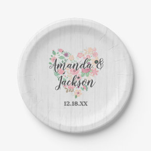 Plato De Papel Monograma de Boda moderno de corazón floral rosado