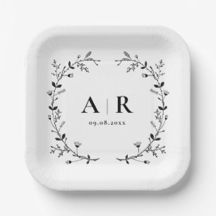 Plato De Papel Monograma de Bodas con Rollo de Vid, Iniciales de 