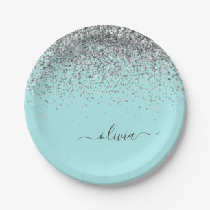 Plato De Papel Monograma de brillo femenino azul verde acuático p