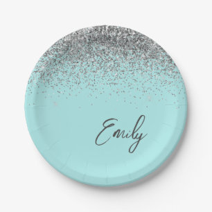 Plato De Papel Monograma de brillo plateado azul teal Aqua