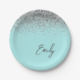 Plato De Papel Monograma de brillo plateado azul teal Aqua