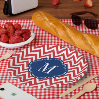 Plato De Papel Monograma de Chevron rojo blanco y azul