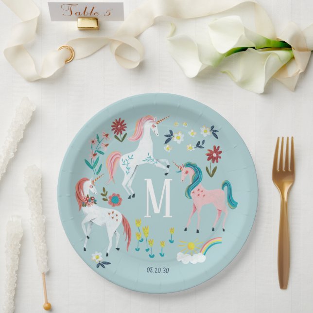Plato De Papel Monograma de chicas mágicos azules unicornio lindo (Boda)