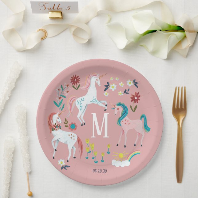 Plato De Papel Monograma de chicas mágicos rosa unicornio (Boda)