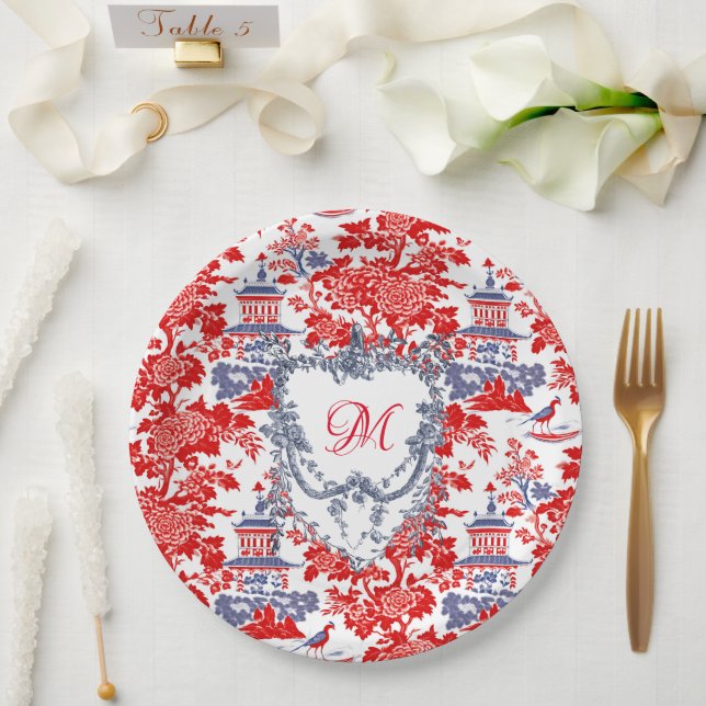 Plato De Papel Monograma de Chinoiserie Delft French Blue (Boda)