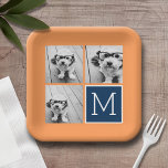 Plato De Papel Monograma de Collage de fotos de Instagram naranja<br><div class="desc">Naranjas vibrantes y azul oscuro - Usa 3 fotos cuadradas para crear un regalo único y personal. O puedes mantener al cachorro hipster y hacer un keepsake de moda. Si necesita ajustar las imágenes,  haga clic en la herramienta personalizar para realizar cambios.</div>