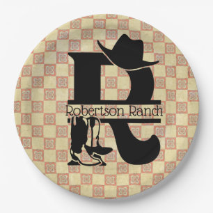 Plato De Papel Monograma de cowboy 'R' dividido