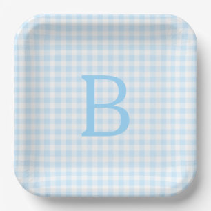 Plato De Papel Monograma de cuadros azules pastel y blanco
