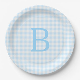 Plato De Papel Monograma de cuadros azules pastel y blanco
