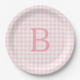 Plato De Papel Monograma de Cuadros Rosado Pastel y Blanco