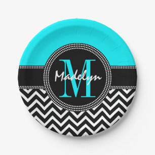 Plato De Papel Monograma de cumpleaños de moda Chevron Bright Aqu