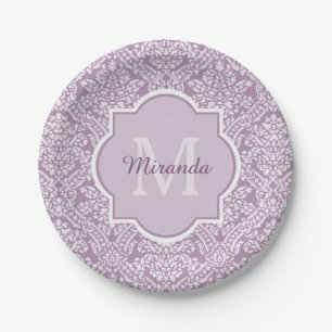 Plato De Papel Monograma de Damasco Púrpura de Lavanda de moda co