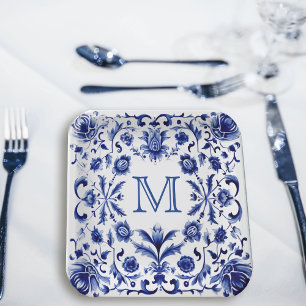 Plato De Papel Monograma de diseño azul Delft