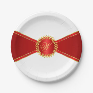 Plato De Papel Monograma de elegancia roja