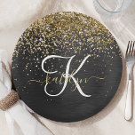Plato De Papel Monograma de espuma negra Purpurina de oro persona<br><div class="desc">Personalice fácilmente este elegante diseño de placas de papel de moda,  con purpurina brillante de bonito dorado sobre un fondo metálico negro cepillado.</div>