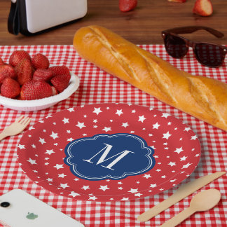 Plato De Papel Monograma de estrellas patrióticas rojas blancas y