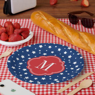 Plato De Papel Monograma de estrellas patrióticas rojas blancas y