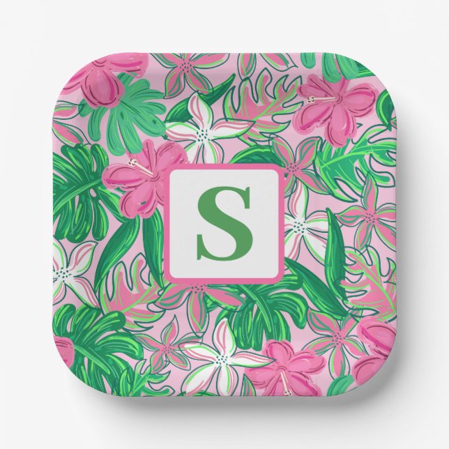 Plato De Papel Monograma de flor tropical Pink White Green Preppy (Anverso)