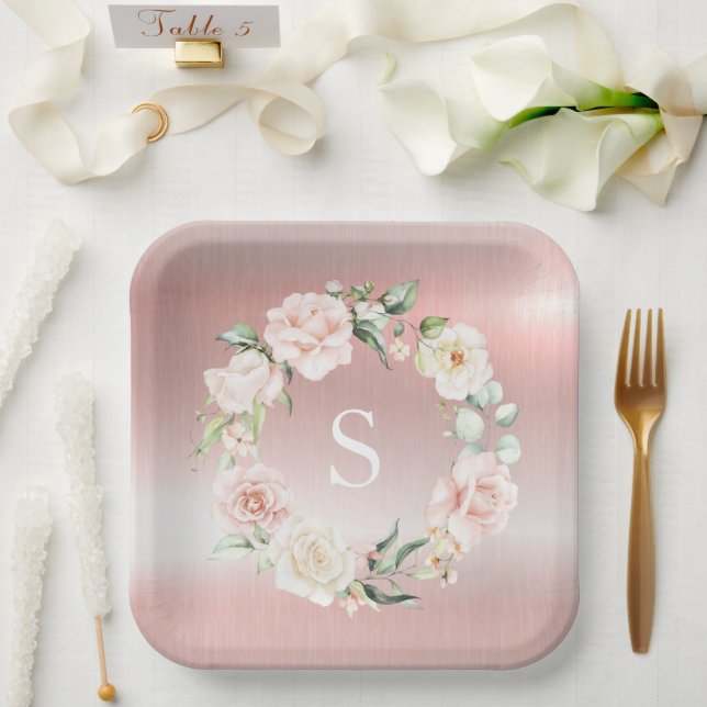 Plato De Papel Monograma de floral metálico rosa acuarela (Boda)
