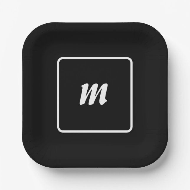 Plato De Papel Monograma de franja blanca y negra (Anverso)