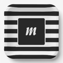 Plato De Papel Monograma de franja en blanco y negro
