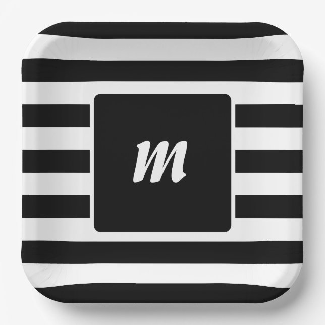 Plato De Papel Monograma de franja en blanco y negro (Anverso)