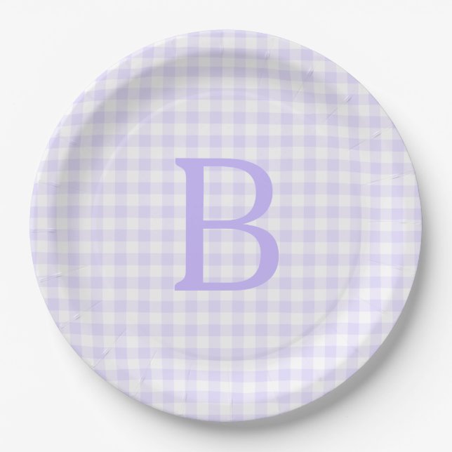 Plato De Papel Monograma de gingham blanco y lila pastel (Anverso)