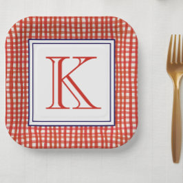 Plato De Papel Monograma de Gingham de color Rojo y Azul