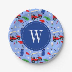Plato De Papel Monograma de golf azul y verde rojo