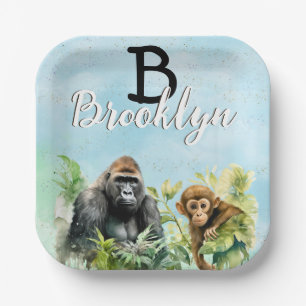 Plato De Papel Monograma de gorila personalizada Chimpancee Jungl