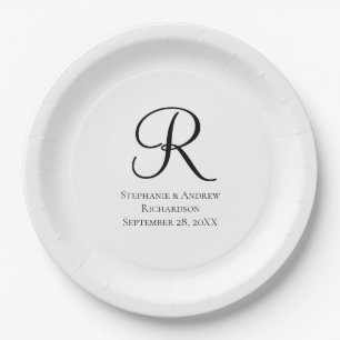 Plato De Papel Monograma de guion negro blanco elegante boda