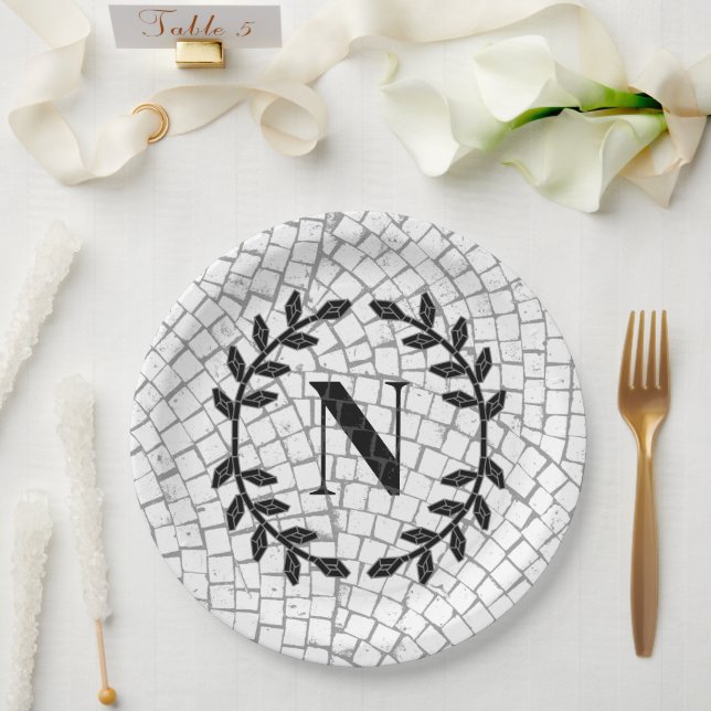 Plato De Papel Monograma de impresión de mosaico (Boda)