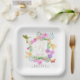 Plato De Papel Monograma de jardín floral