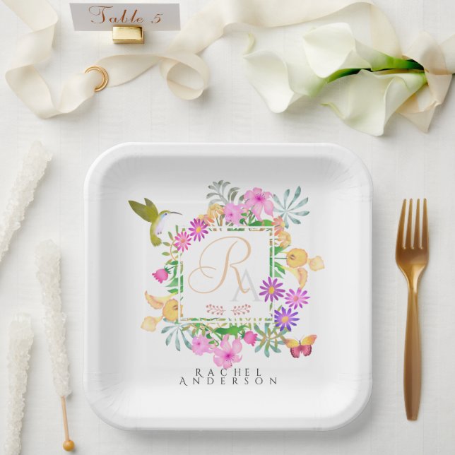 Plato De Papel Monograma de jardín floral (Boda)