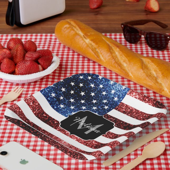 Plato De Papel Monograma de la bandera de los Estados Unidos con  (Picnic)