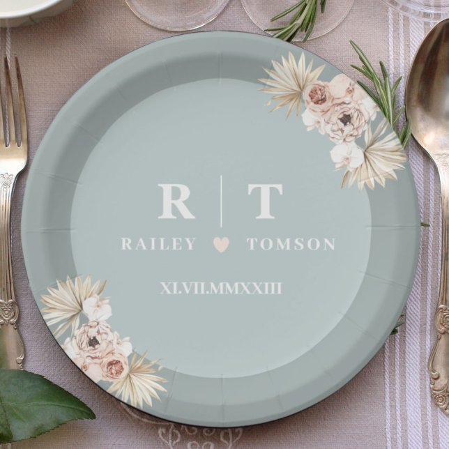 Plato De Papel Monograma de la boda elegante del Boho azul turbio (Subido por el creador)