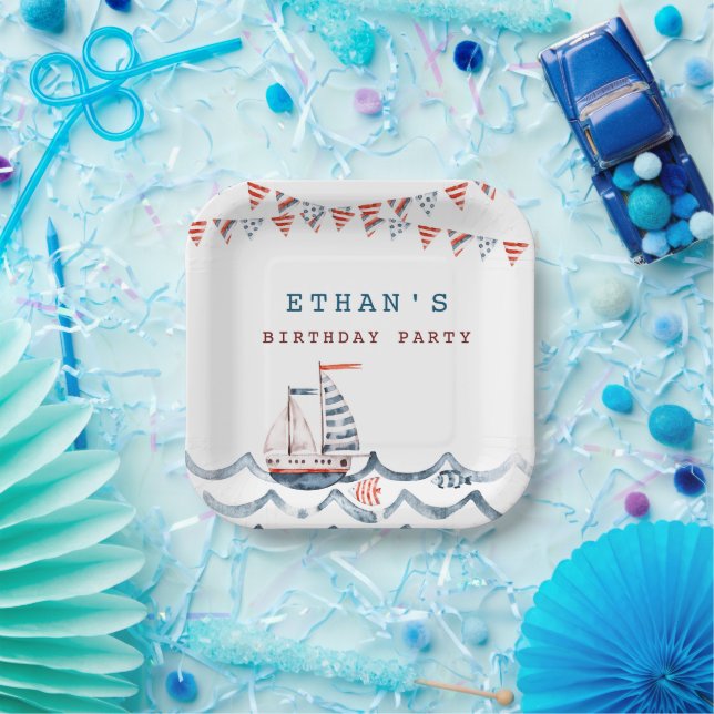 Plato De Papel Monograma de la fiesta de cumpleaños náutica (Fiesta)