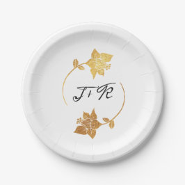 Plato De Papel Monograma de la guirnalda blanca de oro negro (flo
