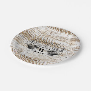 Plato De Papel Monograma de la madera rústica de los ciervos