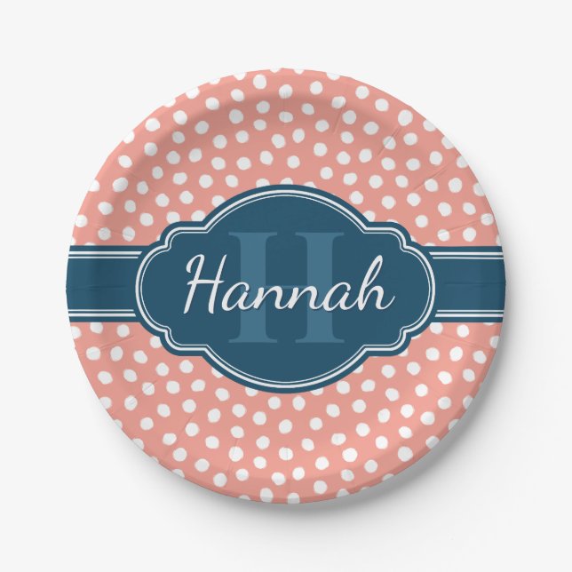 Plato De Papel Monograma de la Marina de Patrón Blanco Rosa (Anverso)