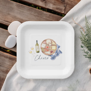 Plato De Papel Monograma de la tabla de embutidos de vinos y ques