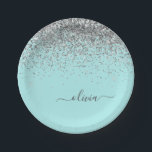 Plato De Papel Monograma de lentejuelas azul turquesa plateado fe<br><div class="desc">Platos de fiesta con monograma de nombre e inicial de lentejuelas azul turquesa y plateado. Esto hace el regalo perfecto para alguien que ama el lujo y los estilos chic para cumpleaños dulces 16, boda, ducha de novia, aniversario, ducha de bebé o despedida de soltera.</div>