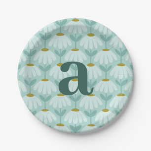 Plato De Papel Monograma de letra azul turquesa con patrón floral