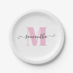 Plato De Papel Monograma de lunares rosa claro y blanco femenino