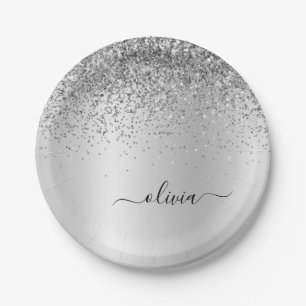 Plato De Papel Monograma de metal con brillo plateado Nombre Glam